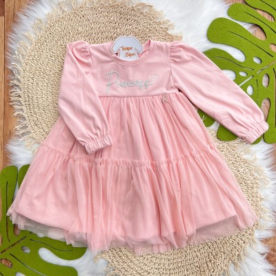 Vestido Manga Longa Princess com Tule - Rosa